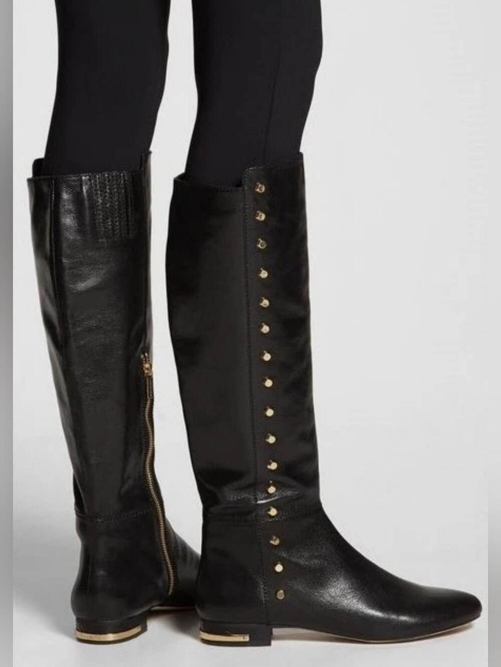 MICHAEL KORS Ailee Black Leather Studded Flat Knee High Boots Size 9